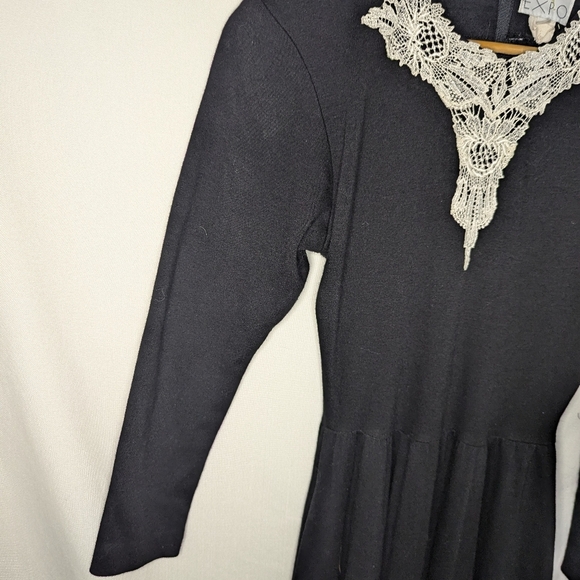 Vintage Expo Lace Trim Neckline Black Wool Blend Midi Dress Size 4 - Picture 4 of 10